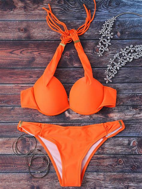 halterneck push up bikini set in orange zaful 2024