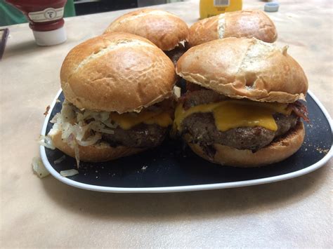 Homemade Bacon Cheeseburgers With Onions And Toasted Buns Rfood
