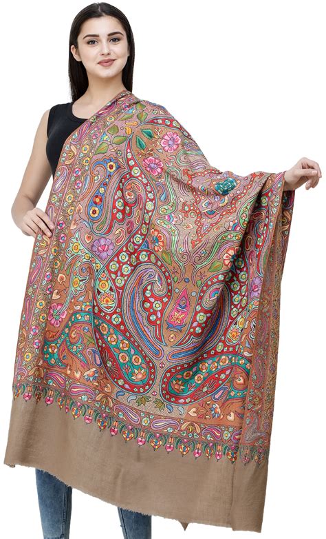 Light Taupe Pure Pashmina Shawl From Kashmir With Papier Mache Hand