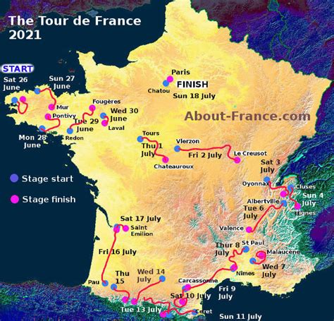 The 108th edition of the tour starts on june 26 in brest in brittany and stay in the region for four days before heading down through. The Tour de France 2021 in English - route and map