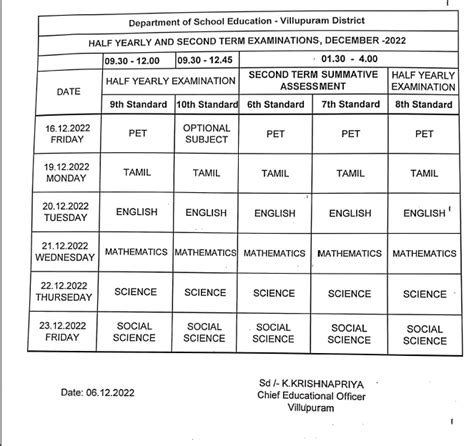 Half Yearly Exam Time Table December 2022 Villupuram District Kalvi