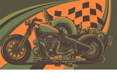 Motocicleta Vectorial Con Repuestos Y Bandera De Raza Ilustración Del