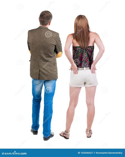 Back View Of Couple Beautiful Friendly Girl And Guy Together Stock