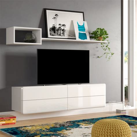 Floating Tv Stand With Drawers Glossy White Contemporary Interior