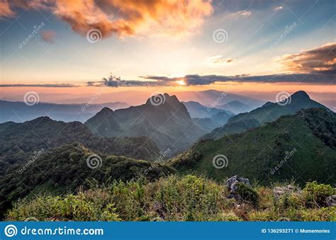 Landscape Of Sunset On Mountain Range In Wildlife Sanctuary At Doi