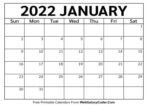 January 2022 Calendar Printable Format Print Now