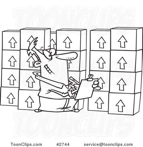 Cartoon Black And White Line Drawing Of A Guy Taking Inventory 2744 By
