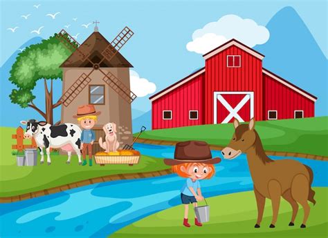 Premium Vector Farm Scene With Farmers And Animals By The River
