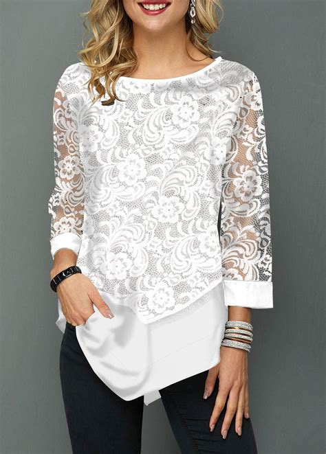 Lace Panel Asymmetric Hem Round Neck T Shirt | Trendy tops for women, Trendy tops, Womens trendy ...