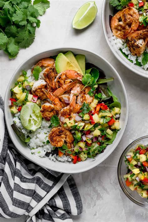 Shrimp Bowls With Coconut Cilantro Lime Rice And Pineapple Salsa Two