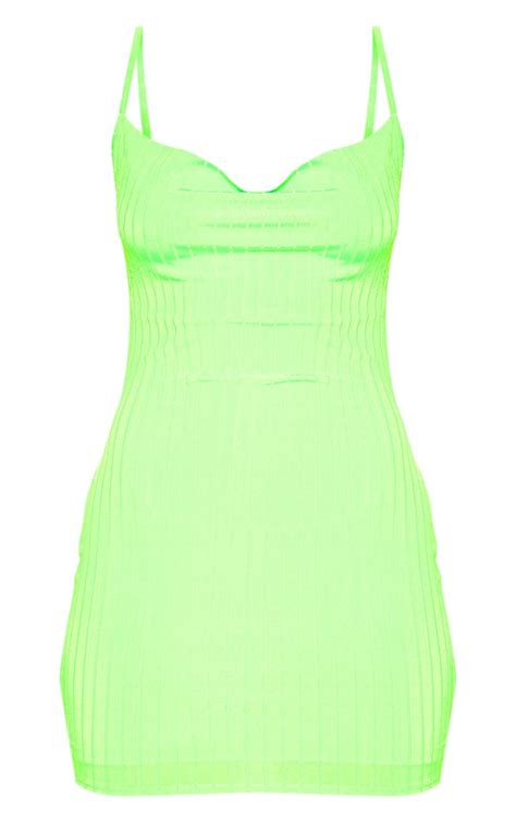 Neon Lime Strappy Ribbed Cowl Neck Dress Prettylittlething Usa