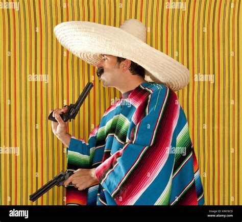 Bandit Mexican Revolver Mustache Gunman Sombrero Poncho Serape Stock