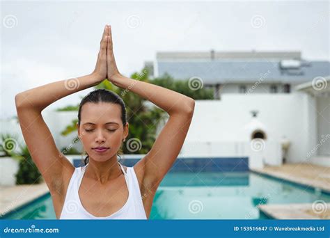 Woman Performing Yoga Near Swimming Pool In The Backyard Stock Image Image Of Healthy Head