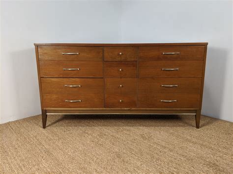 Mid Century Modern Walnut Low Nine Drawer Dresser Brass Accents Epoch