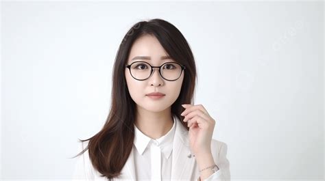 Young Asian Woman In Eyeglasses Facing Right In The Studio Background
