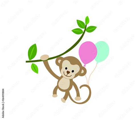 Cute Baby Monkey Hanging On Tree Vector Illustration Stock Vector
