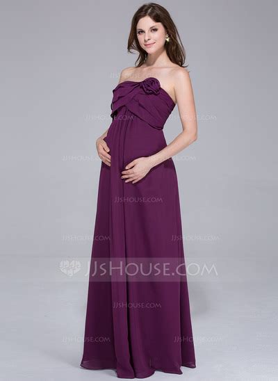 Empire Strapless Floor Length Chiffon Maternity Bridesmaid Dress With Flowers Cascading