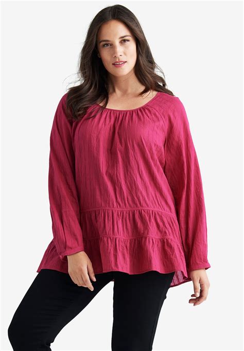 Tiered Long Sleeve Blouse By Ellos Women S Plus Size Clothing Long