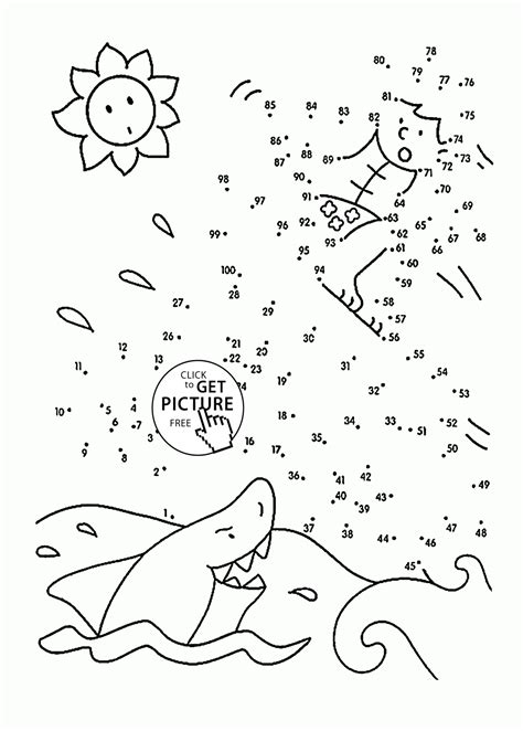 Surfer and Shark Dot to Dot coloring pages for kids, connect the dots