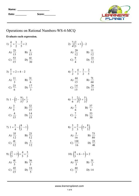 Mixed Operations With Rational Numbers Worksheet Pdf