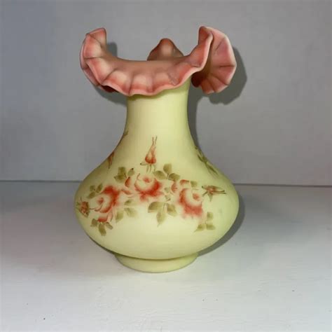 Vintage Fenton Burmese Uranium Glass Vase Rose Hand Painted Signed 7 1 4” 125 00 Picclick