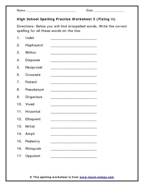 High School Spelling Practice Worksheet 3 Fixing It