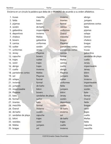 If the characters are not found in the correct order, we will swap the characters using a temporary variable and repeat the process until we reach a null character( or no more characters are left for comparison ). Clothing Items Alphabetical Order II Spanish Worksheet | Teaching Resources