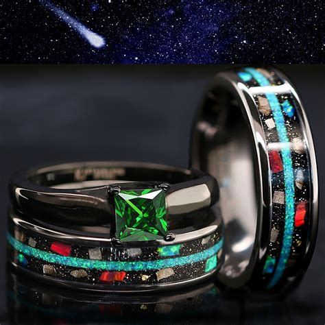 His And Her 3 Piece Real Meteorite Ring And Opal Ring Set Etsy