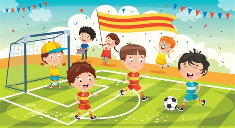 Viele kinder in deutschland spielen in einem verein fußball. Kleine kinder, die draußen fußball spielen | Premium-Vektor