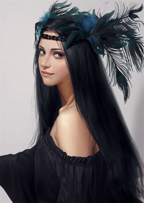 Art Fantasy Long Hair Girl Beautiful Face Smile Black