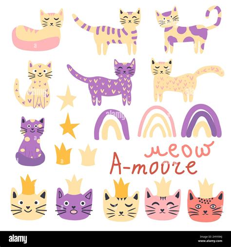 Cat Princess Set Cute Princess Cats Little Kitty Girlish Print Stock