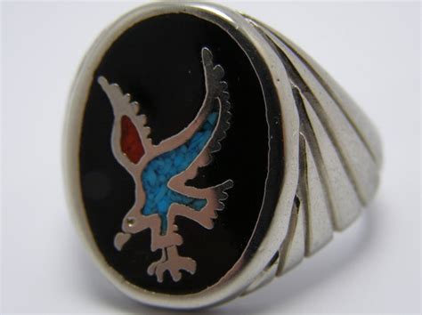 Vintage Silver Eagle Inlay Biker Ring Turquoise And Red Coral