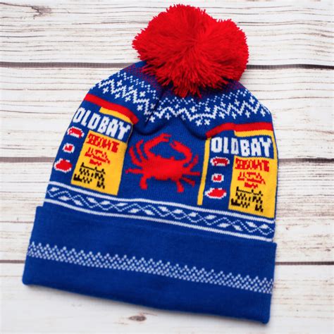 Old Bay Can And Red Crab Blue W Red Pom Knit Beanie Cap Route One