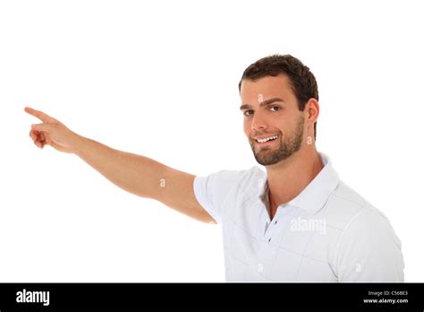 Smiling Young Guy Pointing With Finger All On White Background Stock