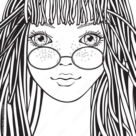 Cute Girl With Glasses Coloring Book Page For Adult Black And White Doodle Zentangle Style