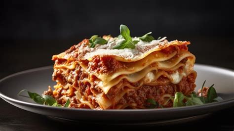 Premium Ai Image A Stack Of Lasagna On A Plate With The Word Lasagna