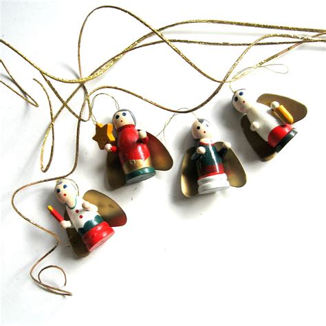 Vintage Christmas Ornaments Set Of 4 Small Wooden Angels Etsy