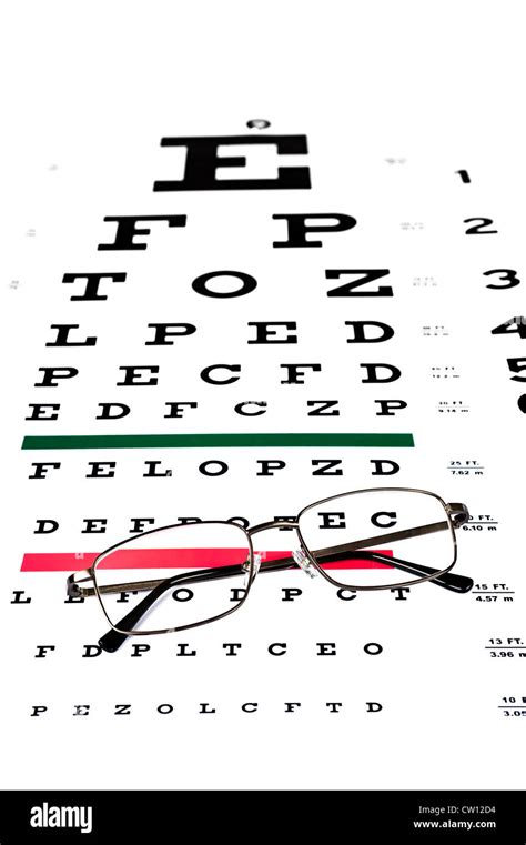 A Pair Of Reading Glasses On A Snellen Eye Exam Chart To Test Stock