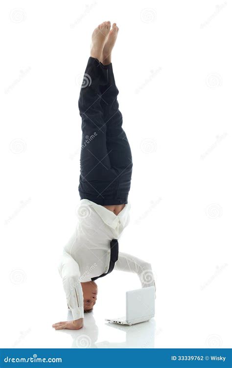 Young Manager Works While Standing On Hands Stock Photo Image Of