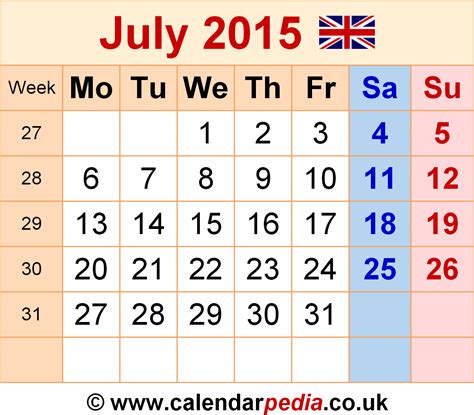 Calendar July 2015 Uk With Excel Word And Pdf Templates