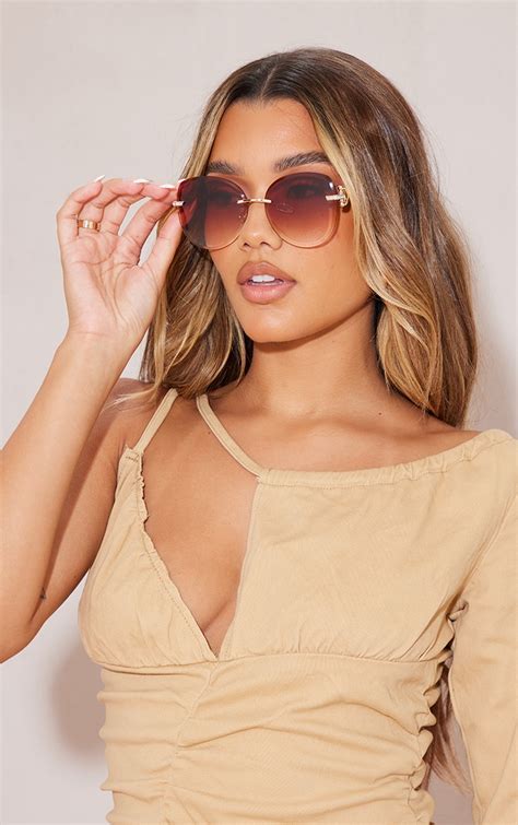 brown faded round frame frameless sunglasses prettylittlething aus