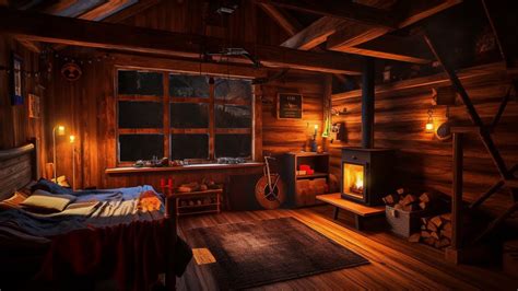 Cozy Cabin Ambience Rain And Fireplace Sounds At Night Hours For