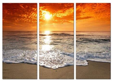 Set Of Three Canvas Art Of Beach Sunset 125cm X 60cm Panoramic Wall