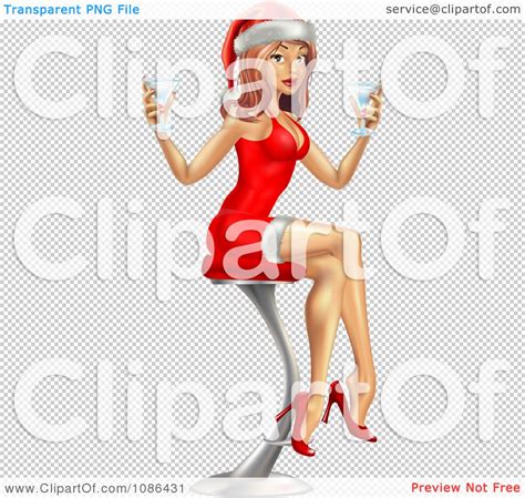 Clipart Sexy Christmas Pinup In A Santa Hat And Red Dress Sitting With Drinks Royalty Free