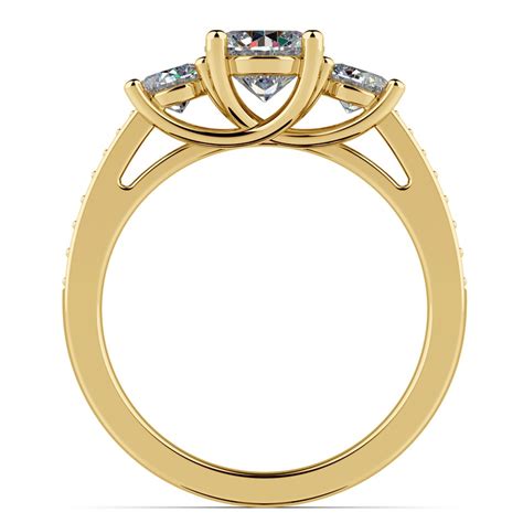 Princess cut three stone channel set engagement ring in 14k yellow gold. Three Stone Trellis Diamond Engagement Ring in Yellow Gold