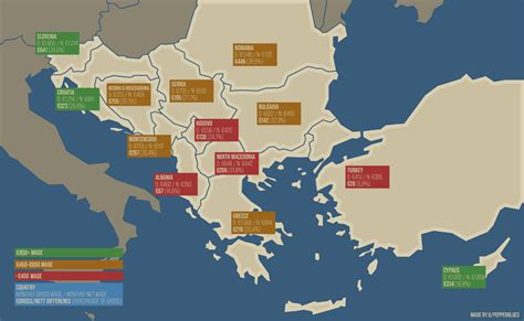 Map of the Balkan countries with their average monthly ...