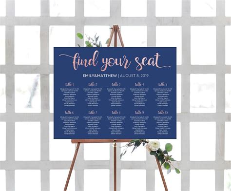 Seating Chart Template Navy Rose Gold Seating Chart Sign Etsy