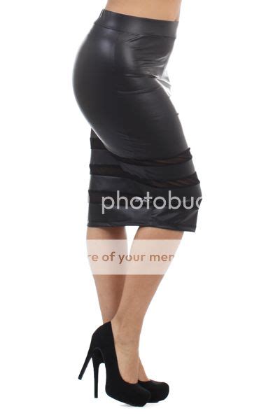 New Women Black Faux Leather Pencil Skirt Sheer Panels Sexy Below Knee