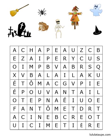 Mot croisé avec dessin à imprimer. Mots cachés sur le thème d'Halloween - Lulu la taupe, jeux ...