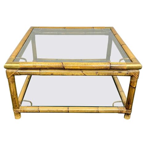 Midcentury Faux Bamboo Gold Brass And Glass Square Coffee Table Italy